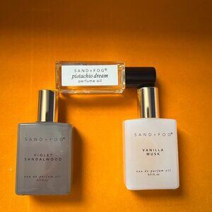 Sand + Fog Rollerball Trio, Pistachio Dream, Violet Sandalwood, Vanilla Musk